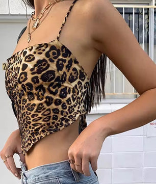 MST Phase 2000s Backless Leopard Print Halter Top