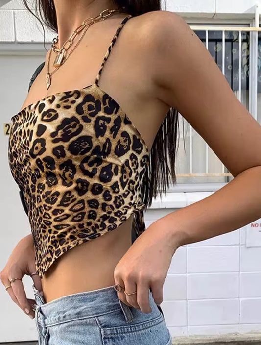 MST Phase 2000s Backless Leopard Print Halter Top