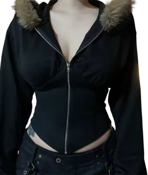 MST Bond Fur cropped waist Zipper Hoodie