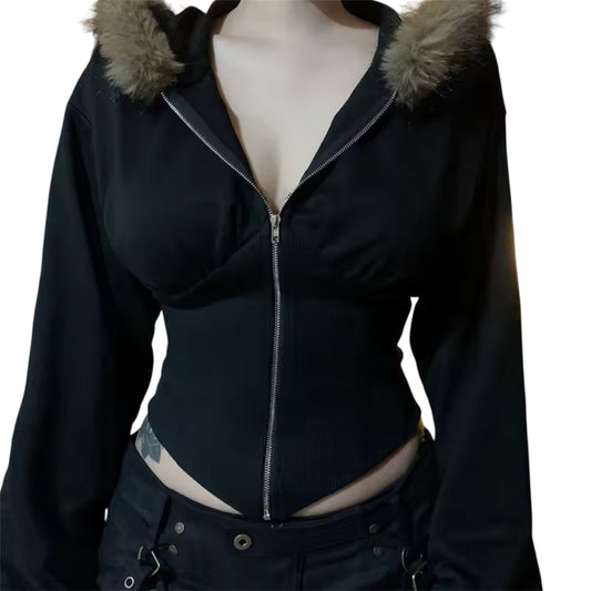 MST Bond Fur cropped waist Zipper Hoodie