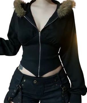 MST Bond Fur cropped waist Zipper Hoodie