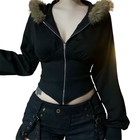 MST Bond Fur cropped waist Zipper Hoodie